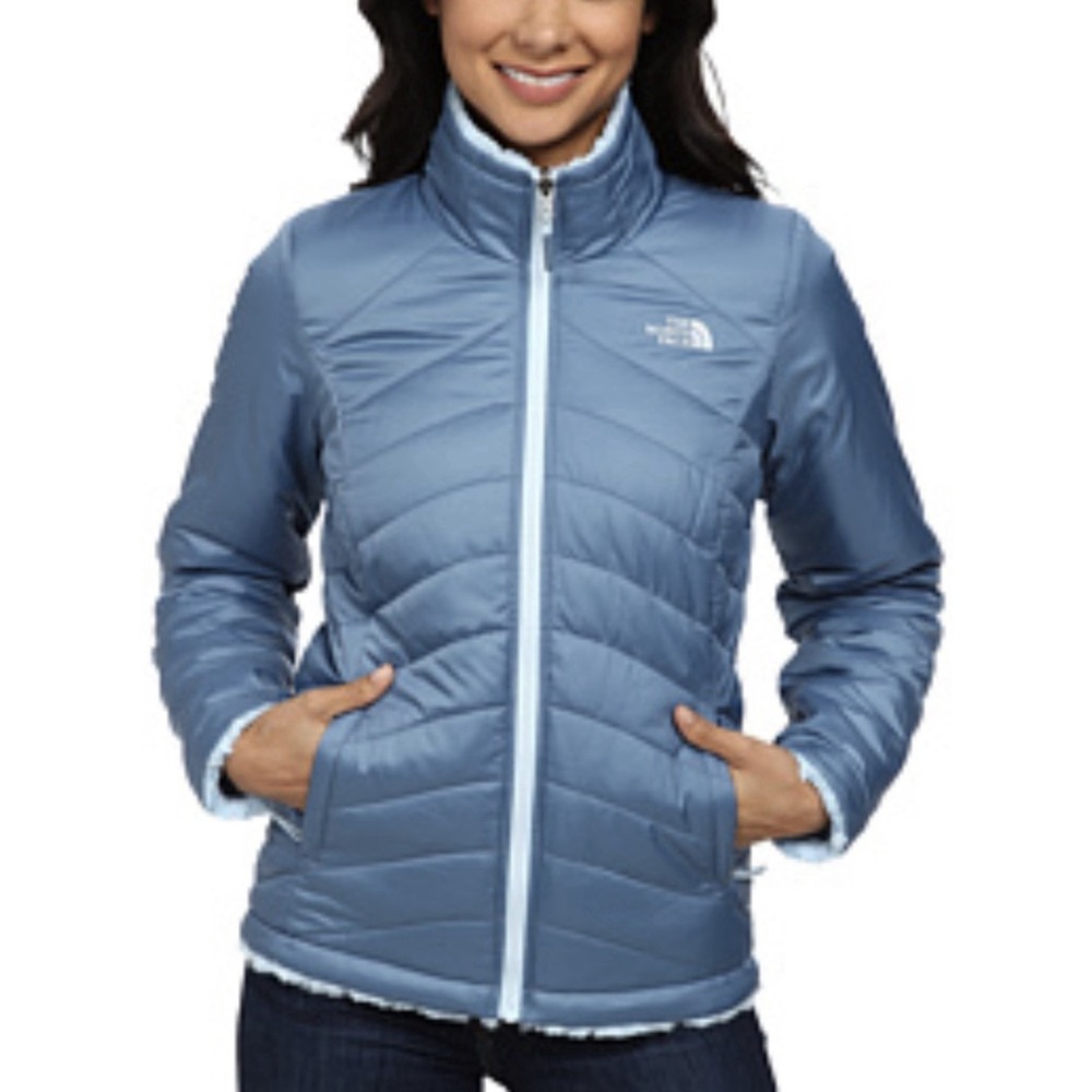 The North Face Mossbud Reversible Jacket Womens Medium Blue Puffer Fleece Coat